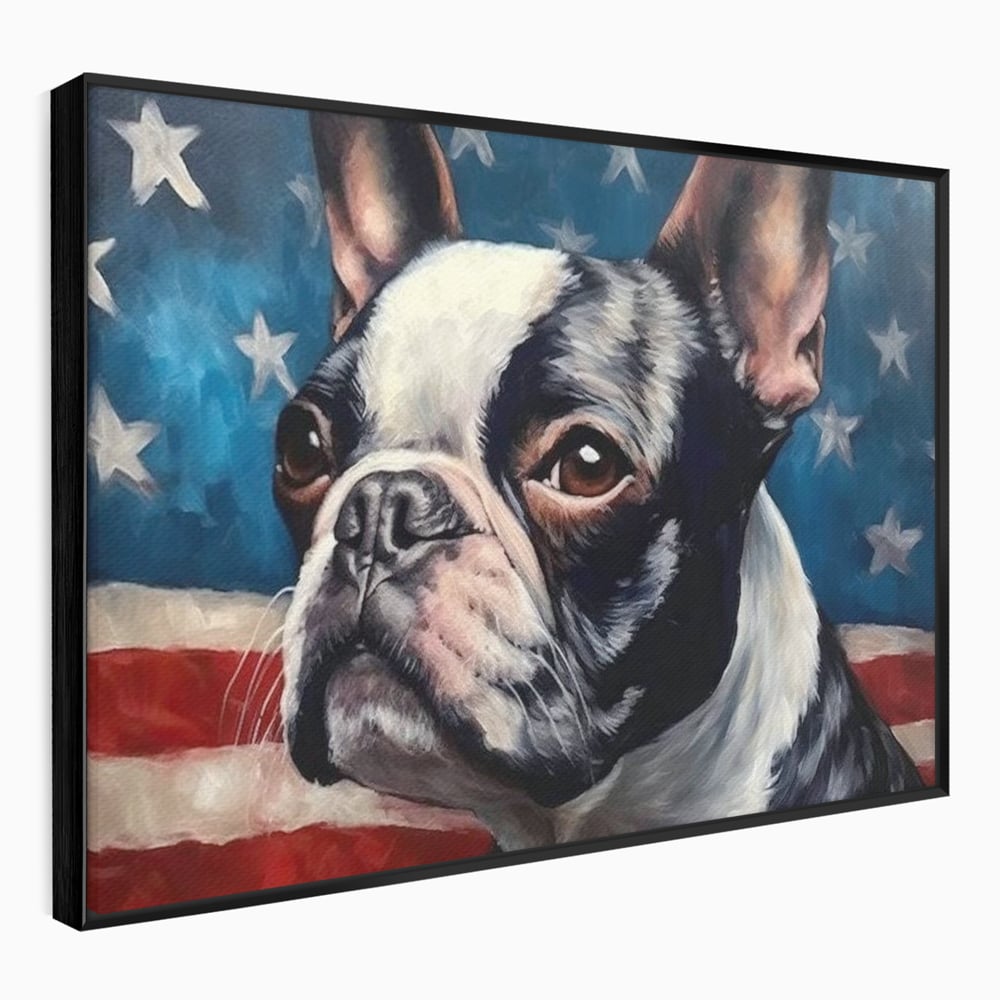 Tablou canvas cu tablou pictura caine boston terrier, in rama de aluminiu negru